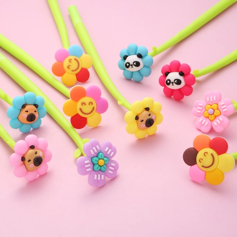 Schattige Bloem Cartoon Gelpen Siliconen Groene Stam Panda Smiley Shaker Zwart Briefpapier Cadeau Voor Studenten Meisjes