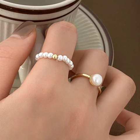 Süßwasserperlenring Minimalistisch Verstellbar Offen Perlen Elastisch Fingerring Elegant Französisch Retro Schmuck Damen