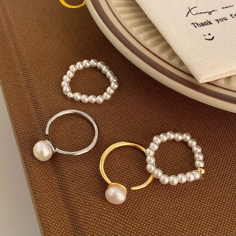 Süßwasserperlenring Minimalistisch Verstellbar Offen Perlen Elastisch Fingerring Elegant Französisch Retro Schmuck Damen