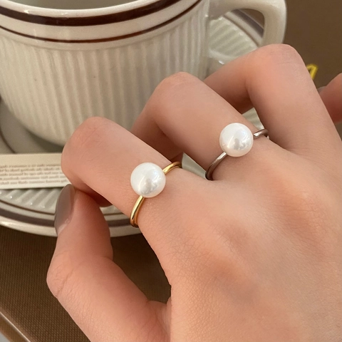 Elegant White Shell Artificial Pearl Open Ring Minimalist Adjustable Alloy Plated Gold Silver Finger Jewelry For Women Girls Gift