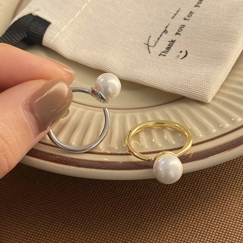 Elegant White Shell Artificial Pearl Open Ring Minimalist Adjustable Alloy Plated Gold Silver Finger Jewelry For Women Girls Gift