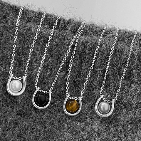 Collar Con Colgante De Herradura Cobre Piedra Ojo De Tigre Perla Artificial Sintética Joyería Vintage Minimalista Para Mujeres
