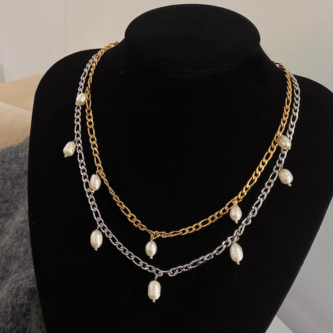 Collier Chaîne Figaro Avec Süßwasserperles De Culture Baroques Acier Titane Plaqué Or Ras Du Cou Vintage Pour Femmes