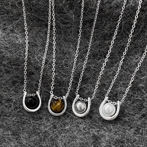 Collar Con Colgante De Herradura Cobre Piedra Ojo De Tigre Perla Artificial Sintética Joyería Vintage Minimalista Para Mujeres