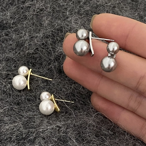 Pendientes De Botón Con Doble Perla Artificial De Concha Y Poste De Plata De Ley 925 Elegante Joyería Minimalista Vintage Francesa