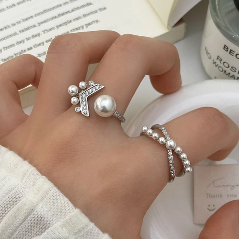 Shell Artificial Pearl Adjustable Open Ring For Women Copper Gold Silver Plated Fishtail Cubic Zirconia Elegant Minimalist Jewelry