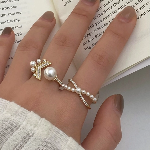 Shell Artificial Pearl Adjustable Open Ring For Women Copper Gold Silver Plated Fishtail Cubic Zirconia Elegant Minimalist Jewelry