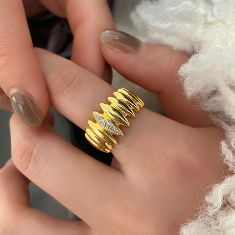 Vertical Ribbed Open Ring Micro Set Zircon Copper Adjustable High End Fashion Jewelry For Women