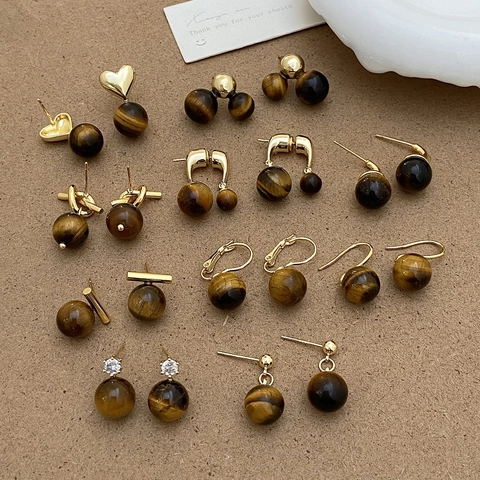 Retro Maillard Tiger Eye Stone Bead Earrings Gold Plated Copper Leverback French Minimalist Jewelry For Women