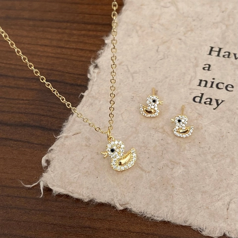 Cute Little Duck Stud Earrings Gold Plated Copper Micro Paved White Zircon Animal Shape Dainty Jewelry For Women