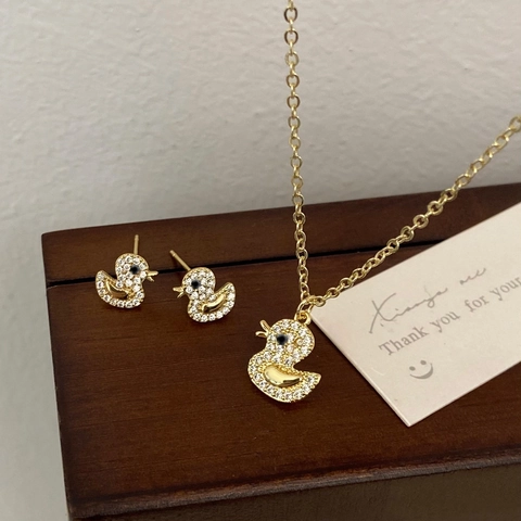 Gioielli Collana Orecchini Anatra Zirconia Rame Placcato Oro 14K Forma Animale Carino Minimalista Delicato Per Donne