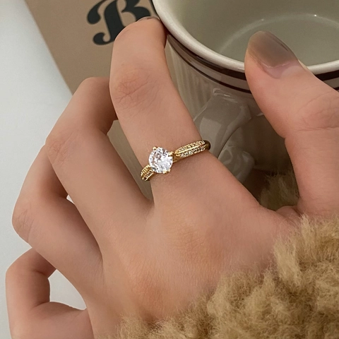 Copper Solitaire Ring With Round Brilliant Zircon Four-Prong Micro-Pave Adjustable Opening For Women Elegant Jewelry