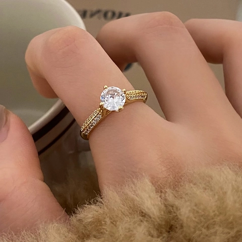 Copper Solitaire Ring With Round Brilliant Zircon Four-Prong Micro-Pave Adjustable Opening For Women Elegant Jewelry