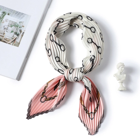 Sciarpa Plissettata In Imitazione Raso Stampa Morsetto Cavallo Catena Color Block Fisarmonica Carré Accessorio Moda Donna