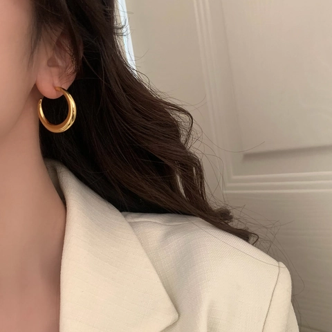 Chunky Hoop Earrings With Copper Earring Post Minimalist Polished C Shaped Metal Studs Geometric Glossy Jewelry For Women