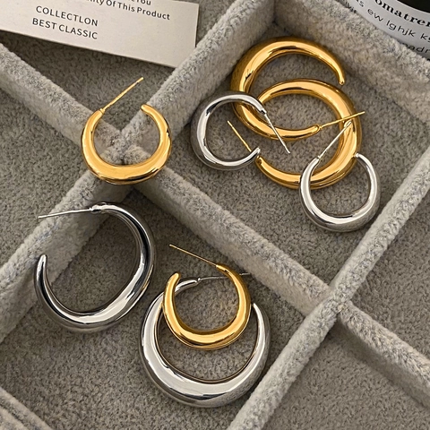 Chunky Hoop Earrings With Copper Earring Post Minimalist Polished C Shaped Metal Studs Geometric Glossy Jewelry For Women