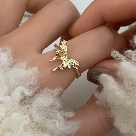 Butterfly Adjustable Open Ring Copper With Colorful Zircon Irregular Chic Finger Jewelry Gift For Women