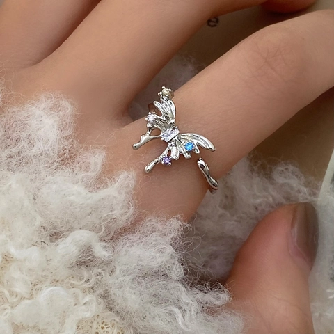 Butterfly Adjustable Open Ring Copper With Colorful Zircon Irregular Chic Finger Jewelry Gift For Women