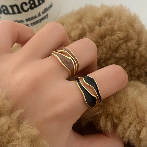 Anillo Abierto De Onda Irregular De Cobre Esmalte Colorido Geométrico Hueco Ajustable Retro Minimalista Joyas Para Mujer
