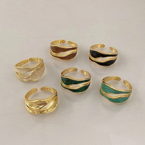 Anillo Abierto De Onda Irregular De Cobre Esmalte Colorido Geométrico Hueco Ajustable Retro Minimalista Joyas Para Mujer