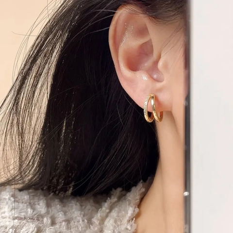 Dubbele Rij Hoop Oorbellen Micro Pave Zirkoon Koper Met 925 Sterling Zilveren Oorknopje Minimalistische Sieraden Voor Vrouwen
