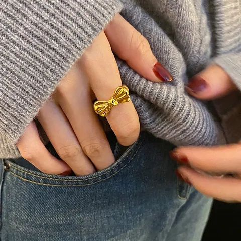 Bowknot Open Ring For Women Adjustable Copper Gold Silver Plated Ribbon Design Textured Fashion Finger Jewelry Gift