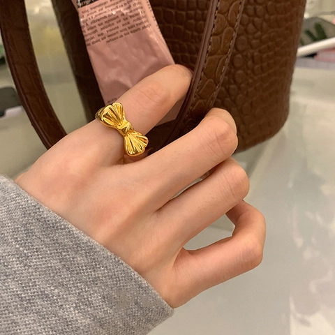 Bowknot Open Ring For Women Adjustable Copper Gold Silver Plated Ribbon Design Textured Fashion Finger Jewelry Gift