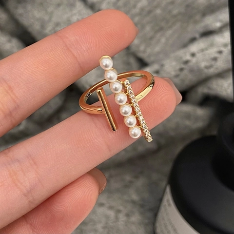 Elegante Anillo Abierto De Perlas Artificiales Y Circón Color Dorado Diseño Lineal Geométrico Joyería De Moda Ajustable Para Mujer