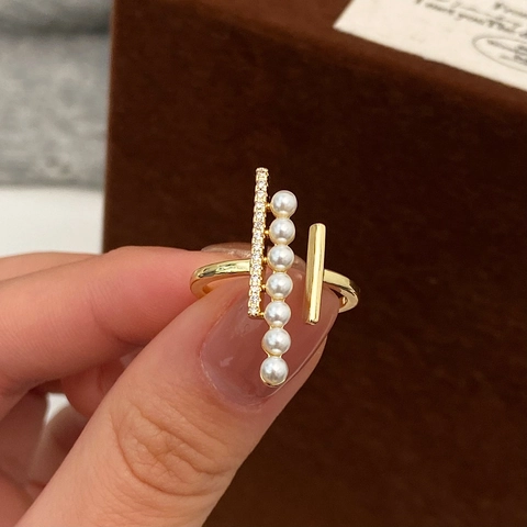 Elegante Anillo Abierto De Perlas Artificiales Y Circón Color Dorado Diseño Lineal Geométrico Joyería De Moda Ajustable Para Mujer