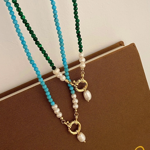 Collana Perline Perla Acqua Dolce Turchese Malachite Lega Placcata Oro Chiusura A Gancio Pendente Gioielli Moda Eleganti Da Donna
