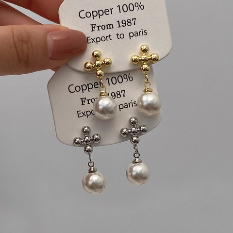 Boucles d'Oreilles Clous Croix en Künstliche Perle de Cuivre Vintage Plaquées Or Argent Zirconium Pendants pour Femmes Bijoux de Mode