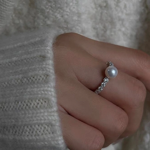 Elegant Adjustable Open Ring With Large Shell Artificial Pearl And Sparkling Zircon Micro Inlaid Fashion Jewelry For Women