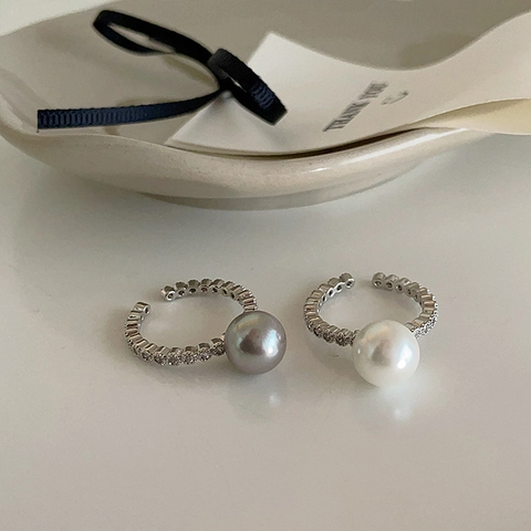 Elegant Adjustable Open Ring With Large Shell Artificial Pearl And Sparkling Zircon Micro Inlaid Fashion Jewelry For Women