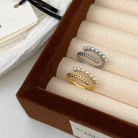French Vintage Artificial Pearl Wheat Ear Adjustable Open Ring Elegant Minimalist Jewelry For Women