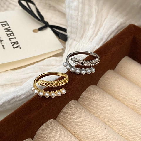 French Vintage Artificial Pearl Wheat Ear Adjustable Open Ring Elegant Minimalist Jewelry For Women
