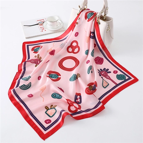 Fashion Square Scarf Imitation Satin Cartoon Neon Pattern Contrast Border Decorative Neck Head Wrap Women