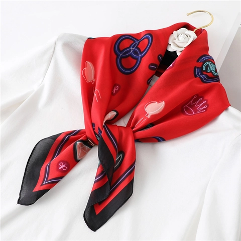 Fashion Square Scarf Imitation Satin Cartoon Neon Pattern Contrast Border Decorative Neck Head Wrap Women