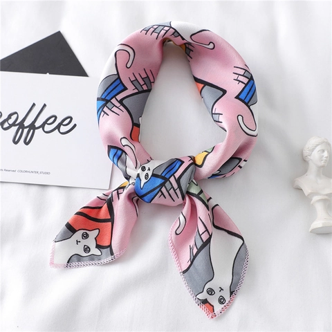 Cute Cartoon Cat Pattern Satin Satin Like Square Scarf Neckerchief Fashion Hair Band Bag Accessory For Women