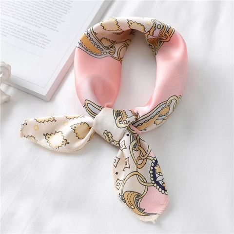 Retro Chain Print Satin Square Scarf Women Neck Kerchief Fashionable Head Wrap Handbag Accessory Satin Like Texture