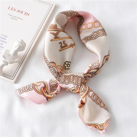 Retro Chain Print Satin Square Scarf Women Neck Kerchief Fashionable Head Wrap Handbag Accessory Satin Like Texture