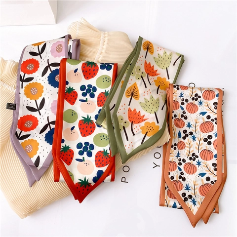 Women Printed Narrow Scarf Satin Like Polyester Decorative Neck Tie Hair Band Bag Ribbon Wrap Fashion Accessory