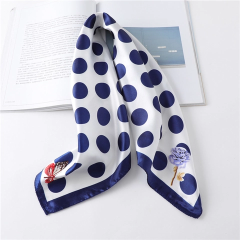 Vintage Satin Square Scarf Women Elegant Polka Dot Butterfly Floral Print Silk Feeling Neck Scarf Fashion Headband Bandana