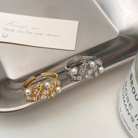 Franse Vintage Kunstparel Open Ring Verstelbaar Micro Pave Zirkonia Exquise Minimalistische Sieraden Voor Dames