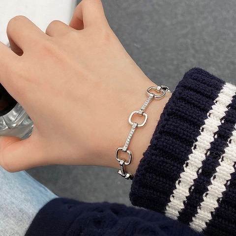 Bracciale A Catena Con Maglie Rettangolari Geometriche Minimalista Rame Micro Zircone Tonalità Argento Gioielli Per Donne