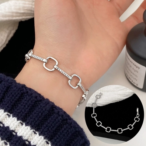 Bracciale A Catena Con Maglie Rettangolari Geometriche Minimalista Rame Micro Zircone Tonalità Argento Gioielli Per Donne
