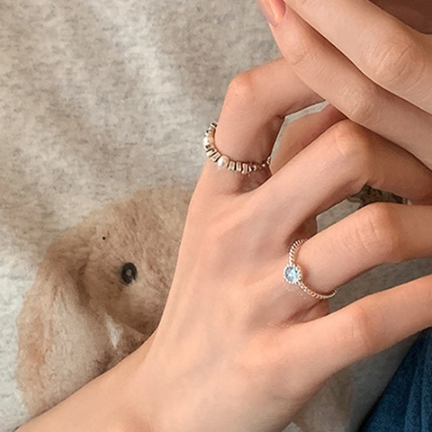 S925 Sterling Silver Ring For Women Light Blue Cat Eye Stone Twisted Rope Design Adjustable Open Finger Jewelry Niche Style