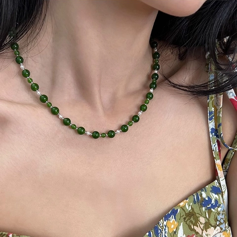 Green Chalcedony Artificial Pearl Necklace For Women New Chinese Style Minimalist Clavicle Chain Vintage Elegant Beaded Jewelry