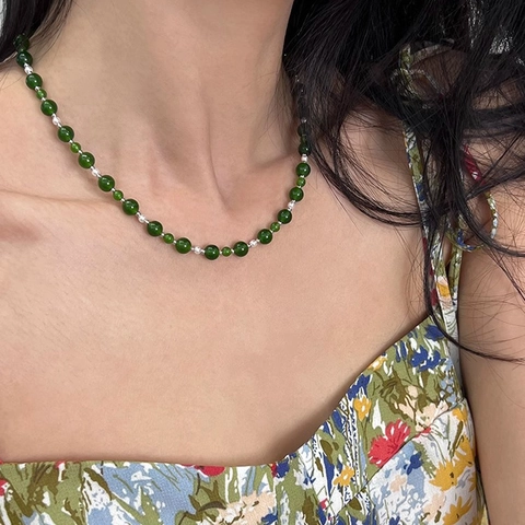 Green Chalcedony Artificial Pearl Necklace For Women New Chinese Style Minimalist Clavicle Chain Vintage Elegant Beaded Jewelry