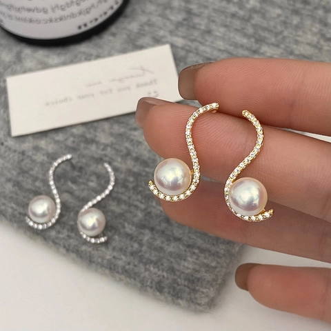 Elegant S-Curve Mabe Artificial Pearl Stud Earrings With Copper Earring Post Micro-Set Zircon Fashion Jewelry For Women
