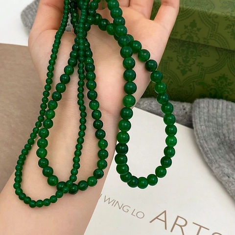 Collana Perline Calcedonio Verde Pietra Naturale Tonde Gioiello Elegante Minimalista Per Donna Chiusura Metallica Placcata